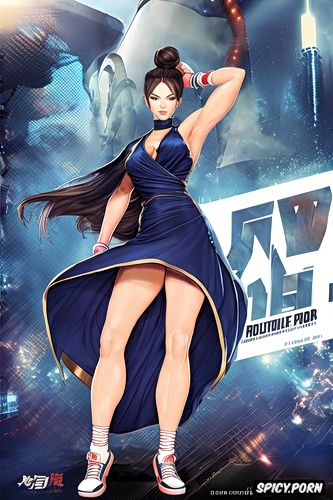 streetfighter, voluptuous, flat shoe soles, long dark blue silk dress