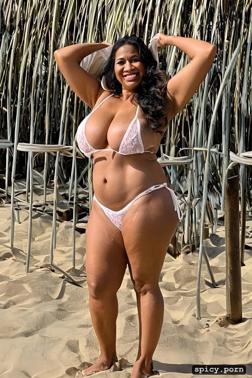 standing at a beach, giant hanging breasts, full front view