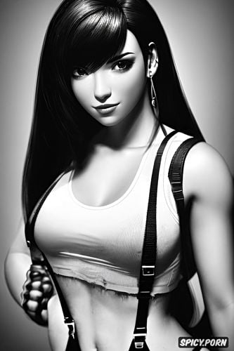 masterpiece, k shot on canon dslr, tifa lockhart final fantasy vii remake tight black mini skirt and white tank top with suspenders beautiful face young