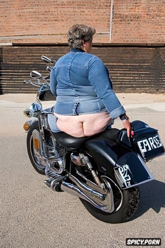 huge fat ass, gorgeous face, sitting and posing on motorcycle