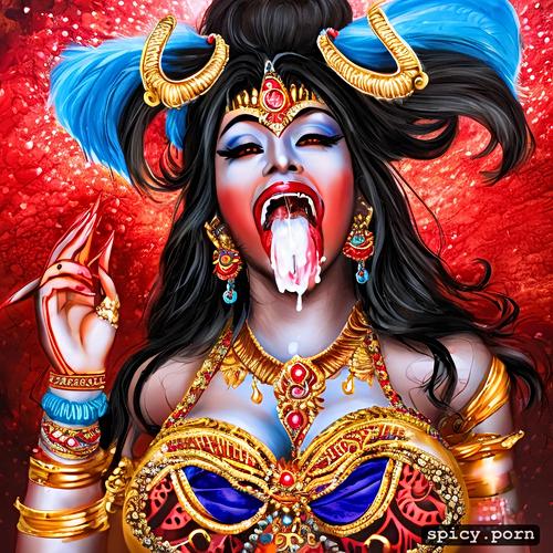 ahegao face, cum on tongue, beautiful hindu goddes devi kali