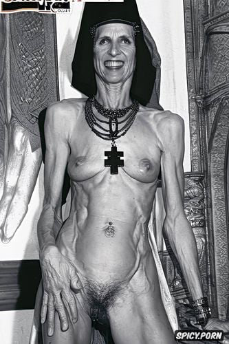 cross necklace, entire body, extremely old grandmother, fingers in pussy