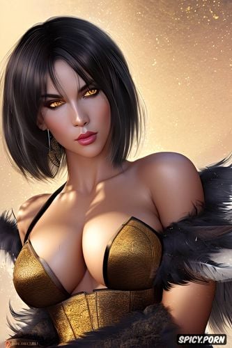 short raven black hair in a pixie cut, skintight tattered animal feather and pelt mage robes