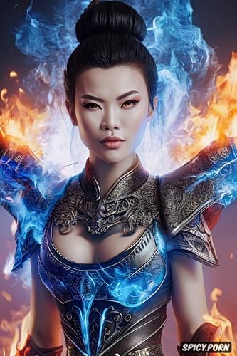 artstation, flame crown, face shot, black hair in an intricate updo