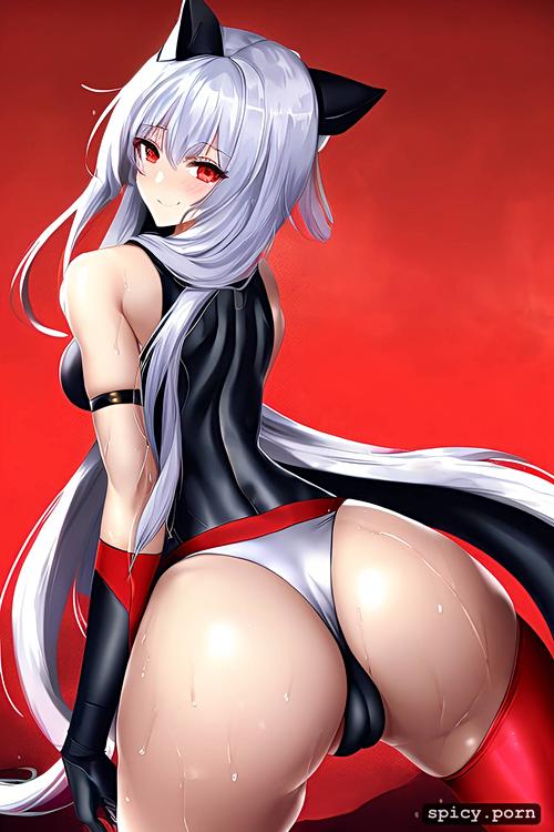 stading, silver hair, cat woman, soccer, wet skin, looking over her back