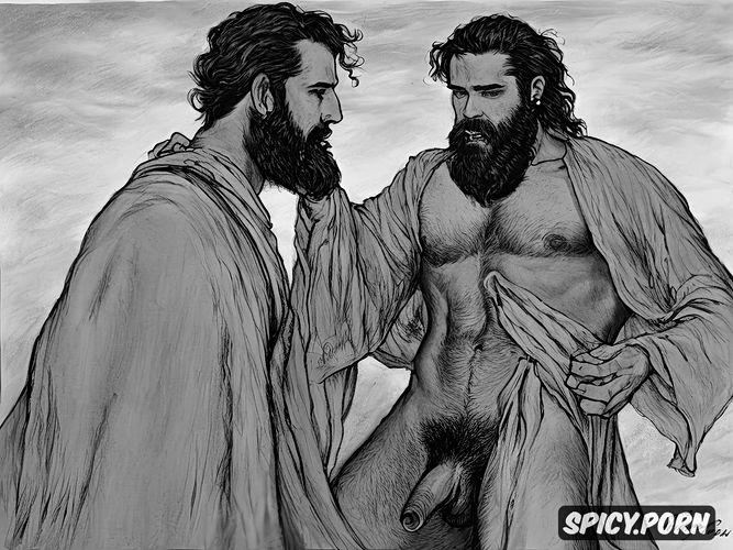 natural thick eyebrows, big perfect dick, artistic sketch of a bearded hairy man wearing a draped toga in the wind