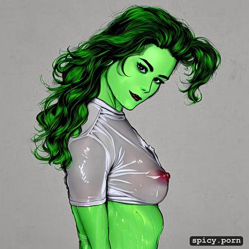 8k, highres, green tatiana maslany in courtroom as she hulk saggy breasts