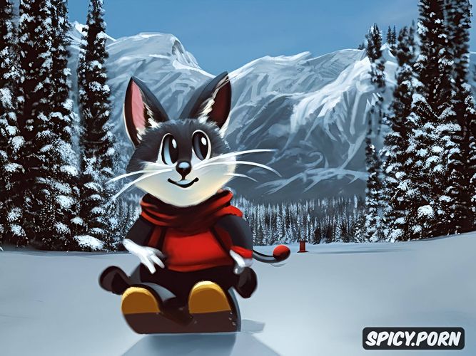 on a snowboard, cat tom and mouse jerry