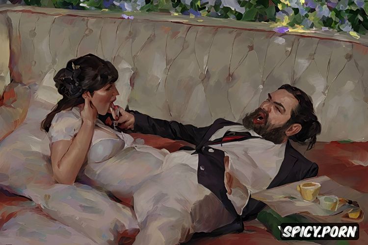 couch, vampire, garden, drinking coffee, impressionism painting style