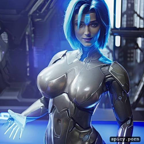 holographic projection, abs, fit, naked, translucent, bob haircut