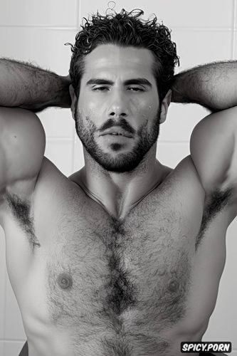 macho, hairy chest, guy, muscular, arms up, full body view, male