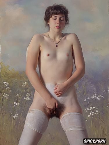impressionist painting, textured paint, flat breast, full body shot