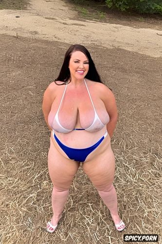 large fat belly, very fat belly, happy white woman, bikini swimsuit