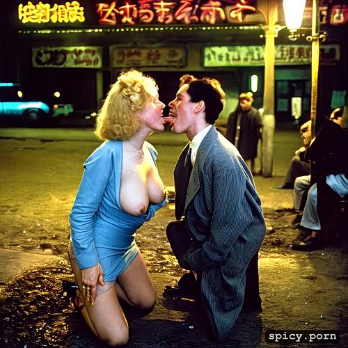 ultrarealistic ultradetalied vivid colors old and ugly prostitute standing on her knees giving a blowjob from an old drunkard at night by lantern light on the street corner