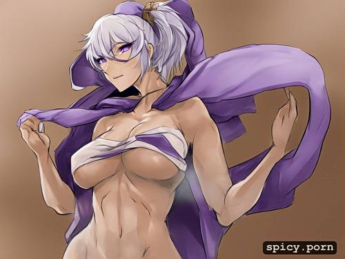 winking, 3dt, purple eyes, white hair, style pencil, see through tanktop with underboob