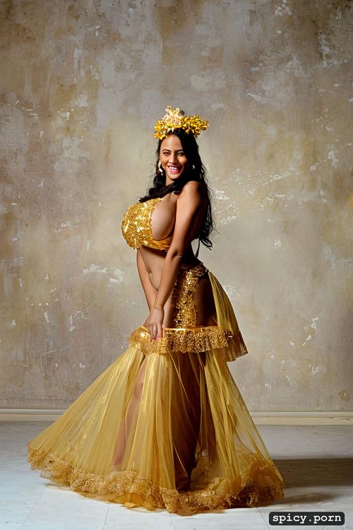 color photo, curvy hourglass body, extremely busty, beautiful tahitian dancer