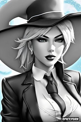 ultra detailed, ultra realistic, ashe overwatch black blazer white shirt shirt unbuttoned beautiful face full lips milf full body shot