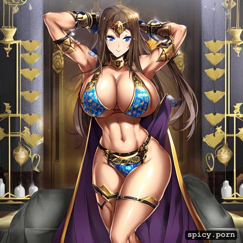nice blue eyes, beautiful warrior woman in a castle, huge tits