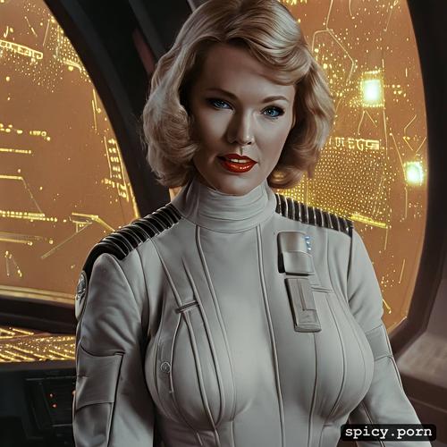 anne francis on the bridge of the starship enterprise, wearing sci fi uniform