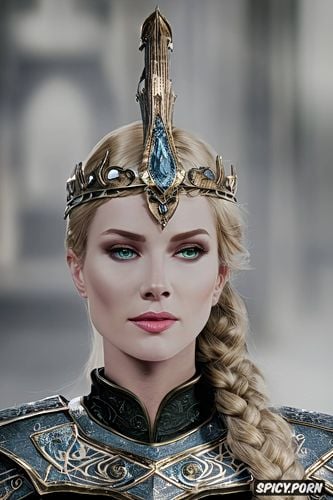 confident smirk, tiara, female knight, dark blue eyes, wearing green scale armor