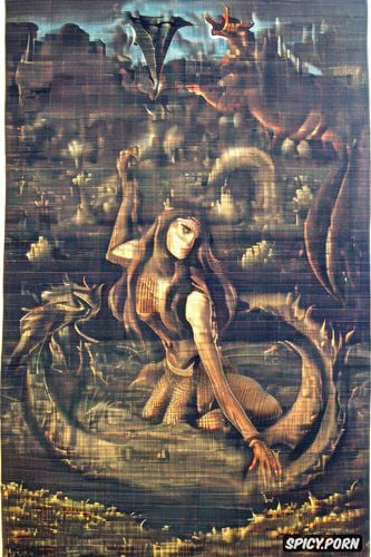 old dusty painting, medieval textile art, low resolution, princess demon