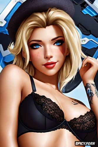 ultra realistic, black lace lingerie, high resolution, mercy overwatch beautiful face full body shot