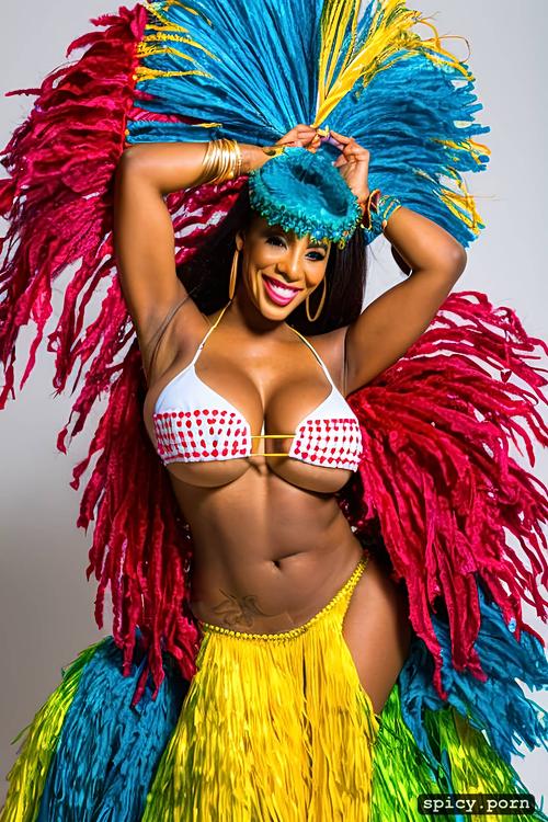 37 yo beautiful performing brazilian carnival dancer, perfect stunning smiling face