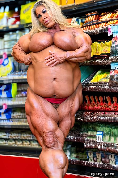 fat belly, gorgeous mature chubby muscle lady, big leg, in supermarket