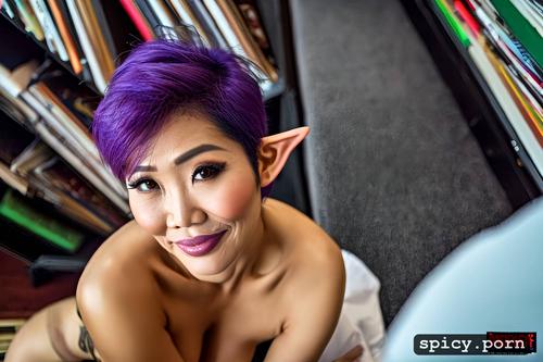 pov, purple hair, library, elf, beautiful face, small ass, comprehensive cinematic