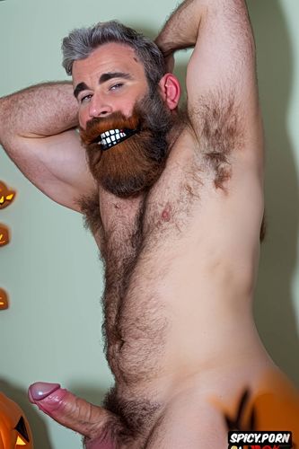 solo hairy gay muscular old man with a big dick showing full body and perfect face beard showing hairy armpits indoors chubby body wearing a halloween mask