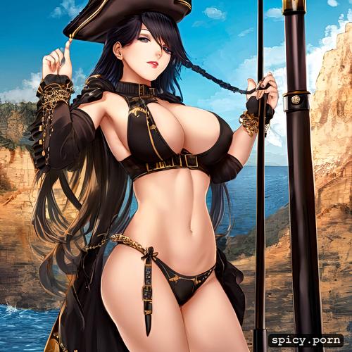 blowing wind, small breast, and black hair, nice body, black pirate hat