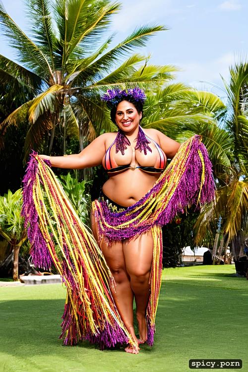 color photo, flawless smiling face, 44 yo beautiful hawaiian hula dancer