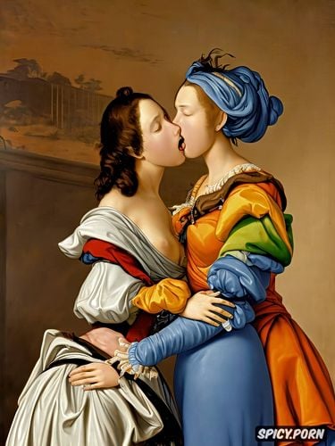 virgin mary lesbian couple kissing, sidele, rainbow sky