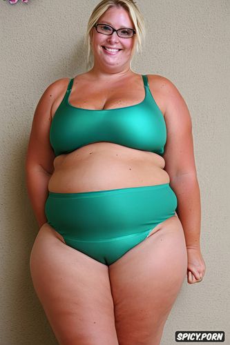 hair bun, blonde, high quality realistic photo, obese, huge round fat belly
