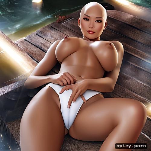 flat chest nearly no breasts, perfect face, 18 yo, bald head