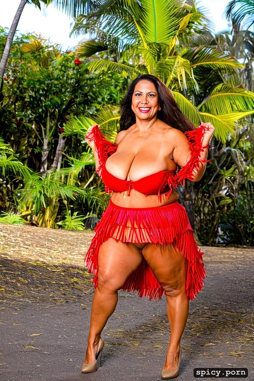 performing on stage, extremely busty, intricate beautiful hula dancing costume