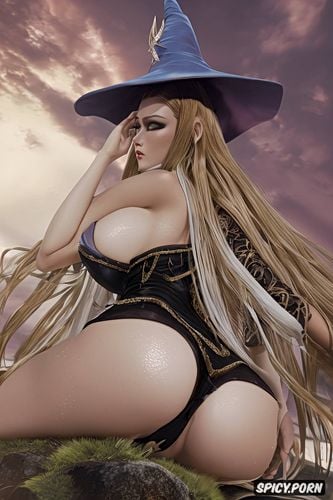 anime witch design, character colored, fantasy town night scenery