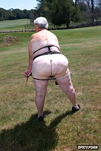 best quality, intricate, huge massive saggy ass, squatting, ass rolled up old slut face face turned sideway white