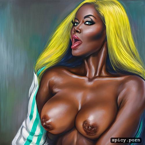 portrait, ebony milf, thick body, long hair, small boobs, nude