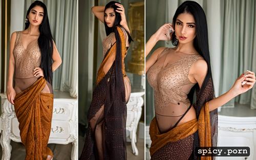 hyper realistic, up top view, natural medium tits, 18 yo, wearing see through sari