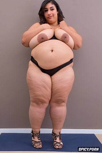 bowed legs, thick thighs, layered belly wrinkles, front view shot