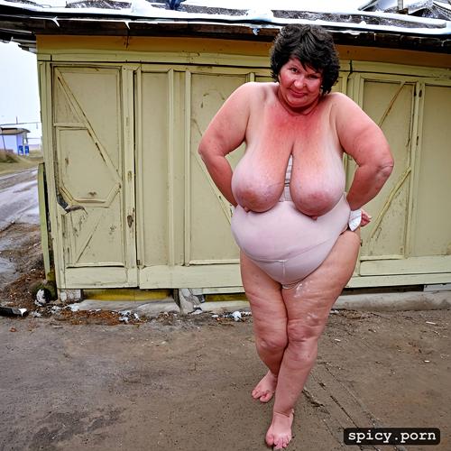 mage huge floppy saggy breasts on very fat polish mature woman with large hairy cunt fat stupid cute face with much makeup and small nose semi short hair standing straight in siberian town sidewalk gigantic floppy tits worn out woman style very fat