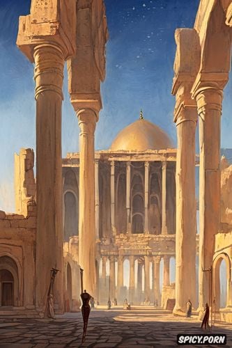 wonderfull buildings, style dark fantasy v, arab, in the mid of desert