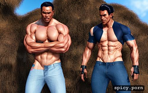 handsome, dark tan, wearing jeans, hunk, indonesian man, big muscular perky chest
