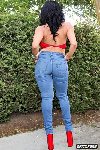 nsfw, sexy female milf old wearing assless cutout jeans, cut out from the ass