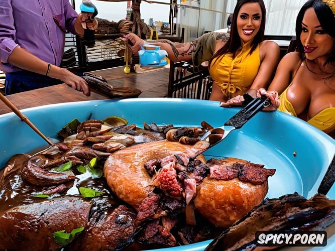 cannibalshemale force her cannibalprey a asian bbw shemale to cook her spitroasted corpse over a fierepit by spitroasting cooking