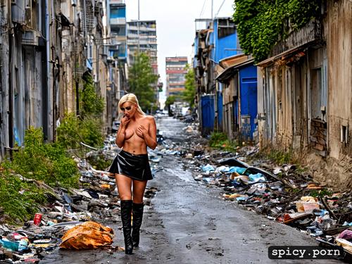 hot and sunny day, masterpiece, garbage dump, overknee high heels boots