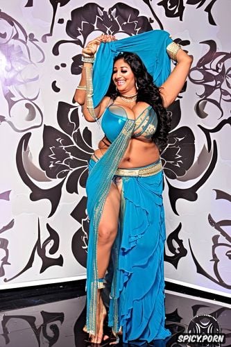 beautiful belly dance costume, performing on stage, long black wavy hair