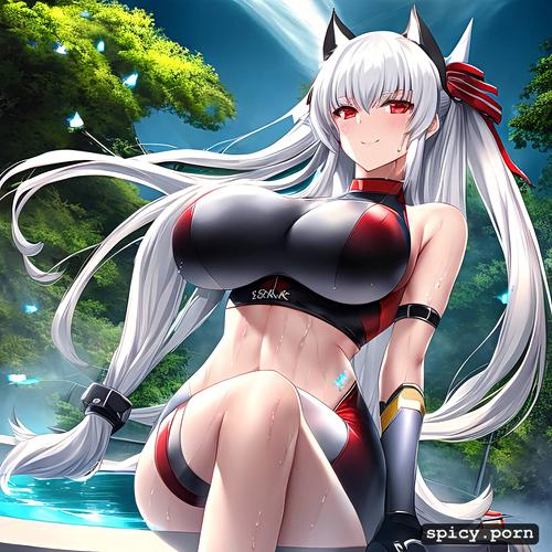 smiling, cat woman, silver hair, athletic, wet skin, red eyes