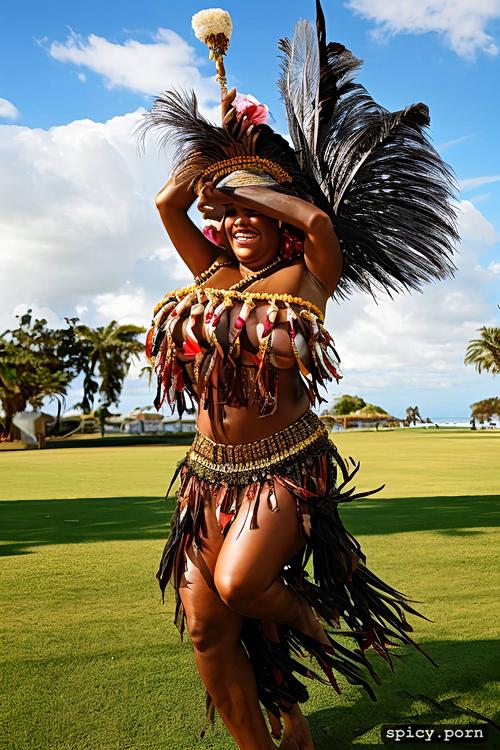 color photo, 63 yo beautiful tahitian dancer, performing, extremely busty